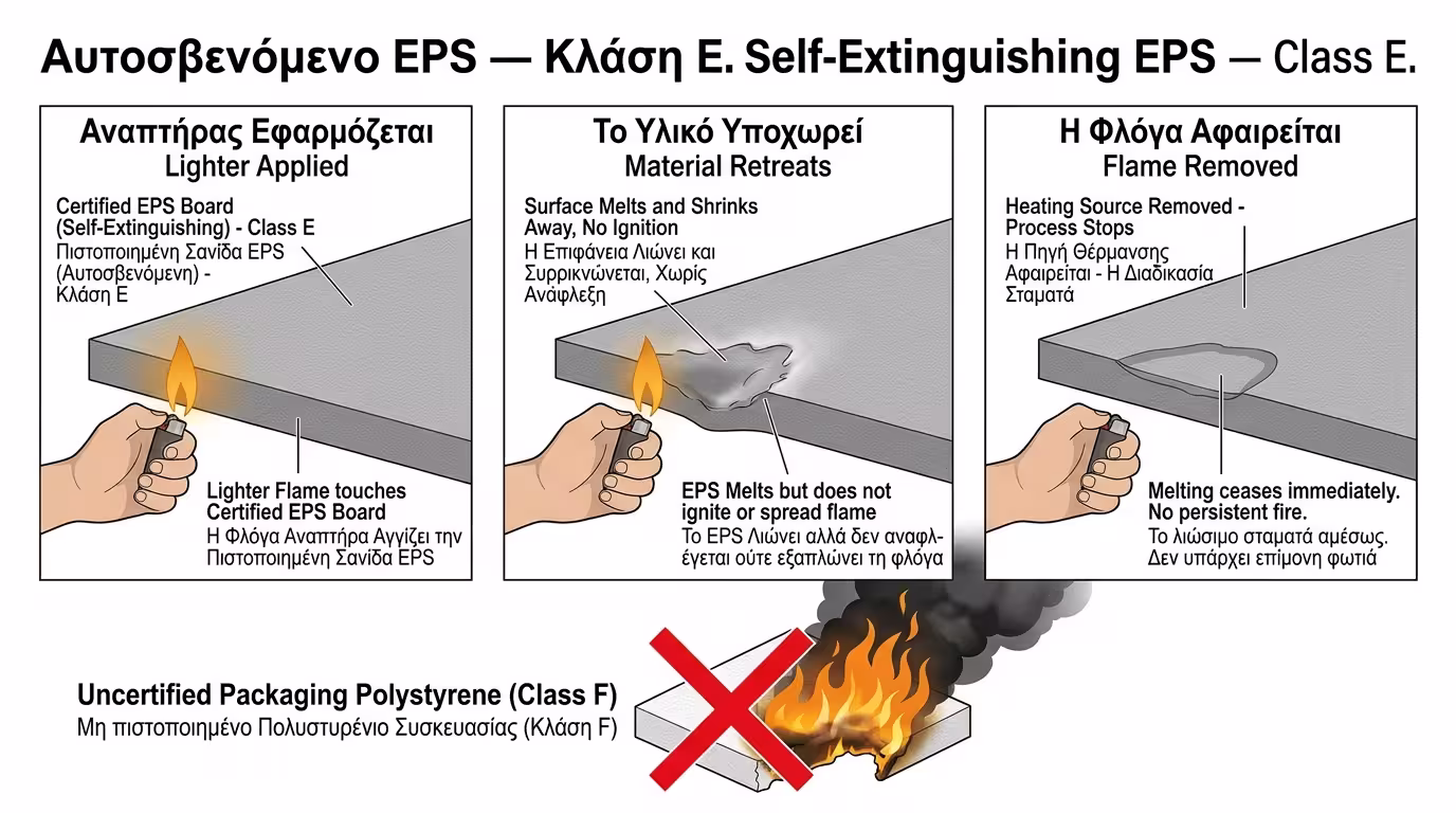 Αυτοσβενύμενο φελιζόλ EPS - δοκιμή πυρός