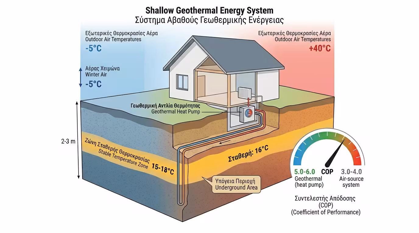 Αβαθής γεωθερμία - σταθερή θερμοκρασία υπεδάφους 15-18°C