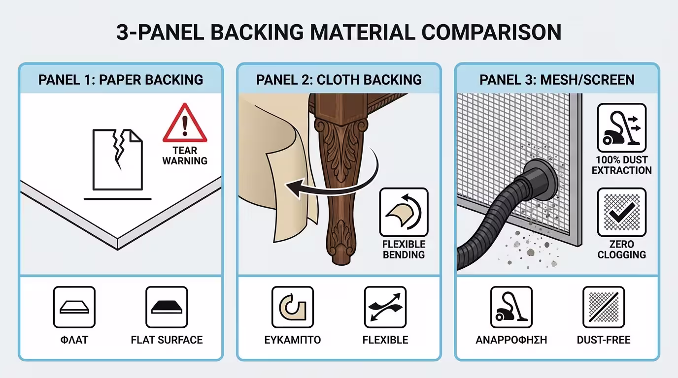 Ινφογκράφικ 3 τύπων βάσης: Χαρτί (κοφτερό, εύκολο σκίσιμο), Πανί (ανθεκτικό, εύκαμπτο), Πλέγμα/Σίτα (100% απορρόφηση σκόνης) (ελληνικά και αγγλικά)