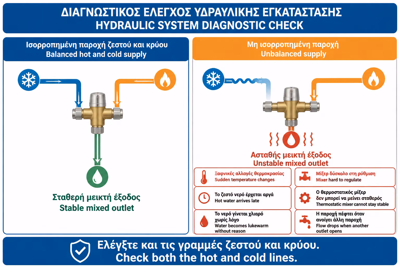 Έλεγχος ισορροπίας πίεσης ζεστού και κρύου νερού για σταθερό ντους
