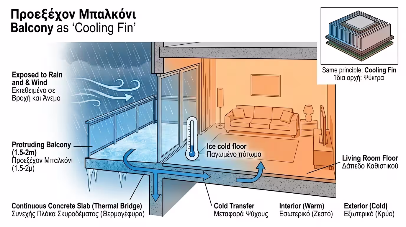 Μπαλκόνι - πτερύγιο ψύξης θερμογέφυρα