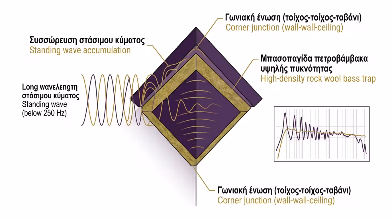 Bass trap στη γωνία τοίχου-ταβανιού: παχύ πάνελ πετροβάμβακα υψηλής πυκνότητας