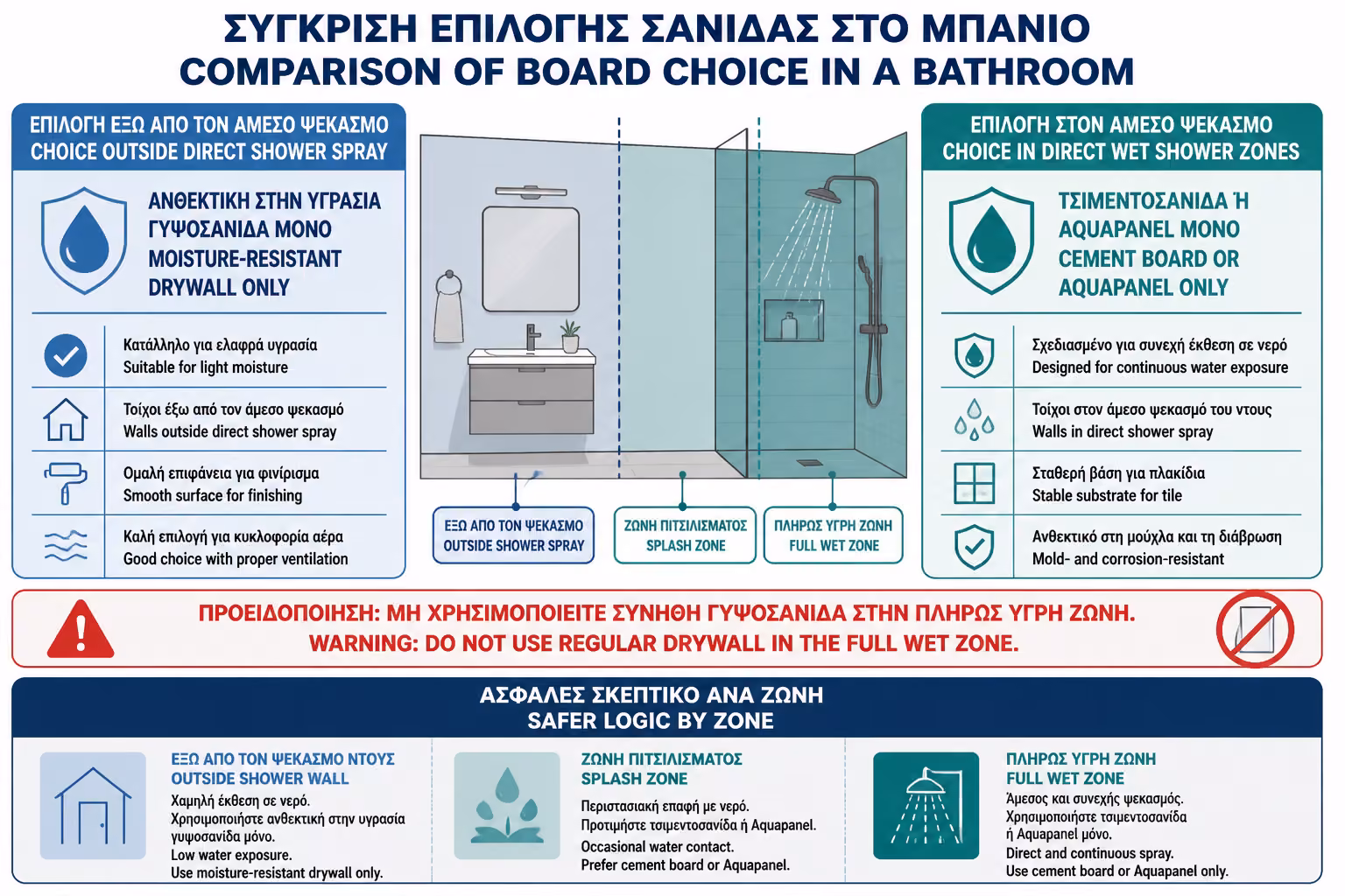 Εικονογράφηση για 4. Πού επιτρέπεται η γυψοσανίδα και πού είναι προτιμότερη η τσιμεντοσανίδα