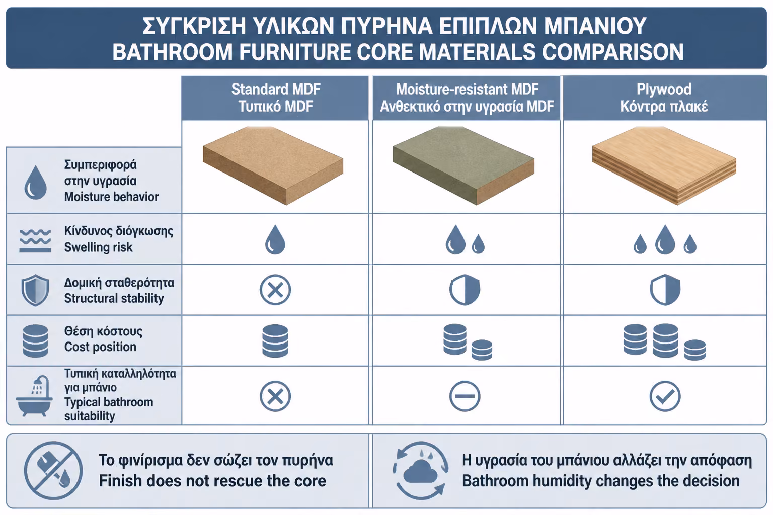 Εικονογράφηση για 7. MDF vs κόντρα πλακέ: πρακτική σύγκριση για έπιπλα μπάνιου