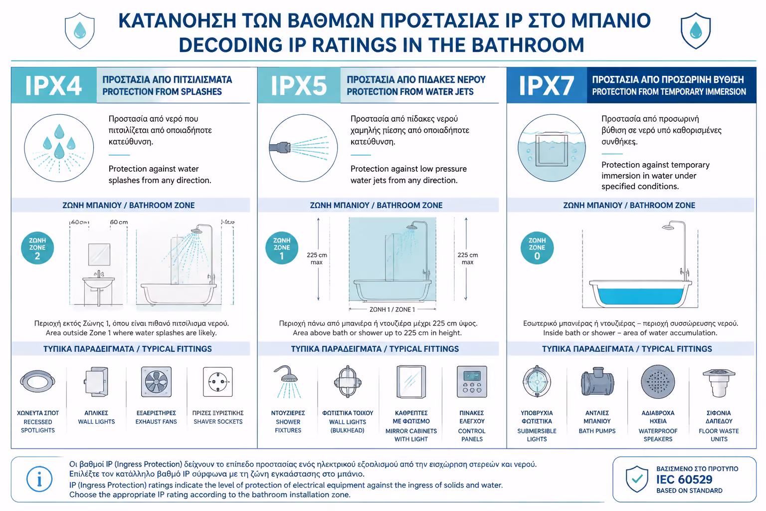 Αποκωδικοποίηση των IP44, IP65 και IPX7 για μπάνιο