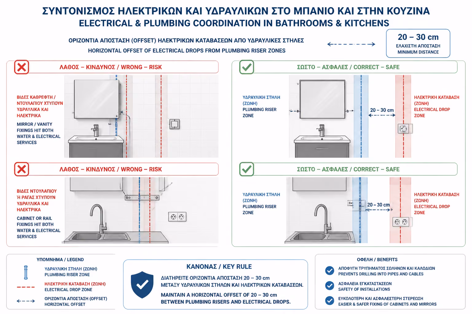 Μετατοπίσεις ηλεκτρολογικών γραμμών σε μπάνιο και κουζίνα