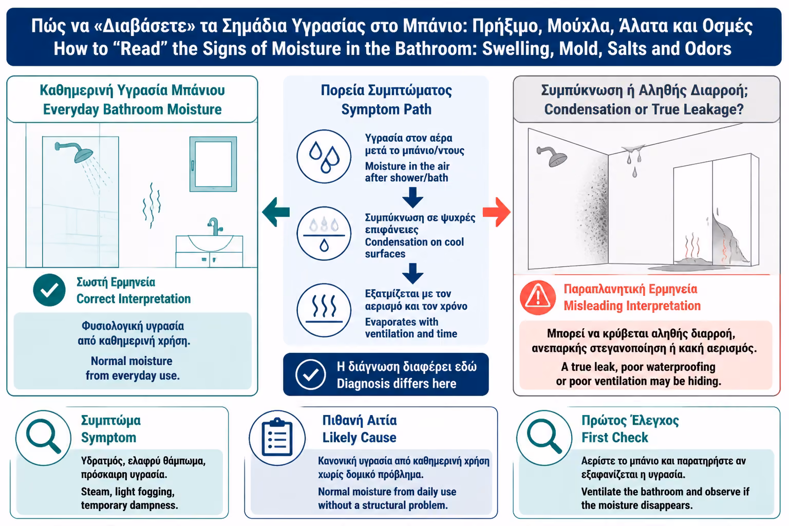 Εικονογράφηση για 1. Πρώτα ξεχωρίζουμε υγρασία χρήσης, συμπύκνωση και διαρροή