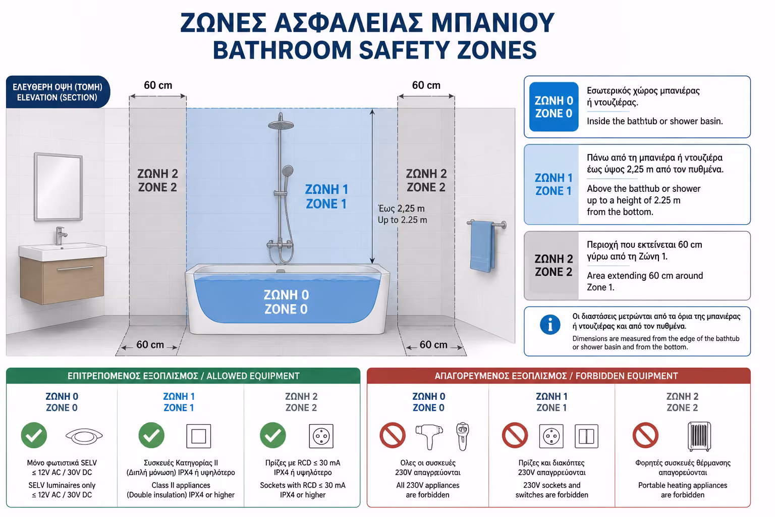 Ζώνες ασφαλείας 0, 1 και 2 σε μπάνιο