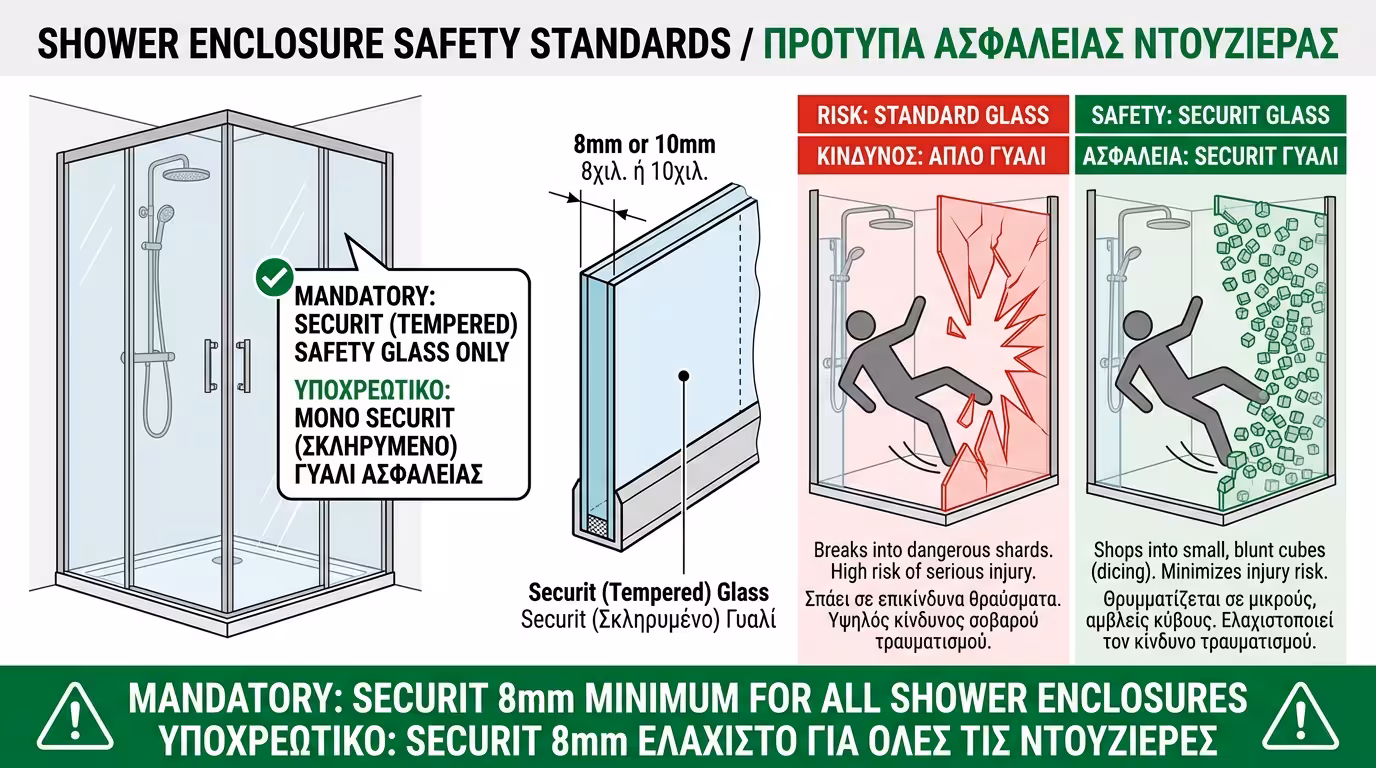 Ντουζιέρα με τζάμι Securit 8mm - υποχρεωτικό θερμικά σκληρυμένο κρύσταλλο
