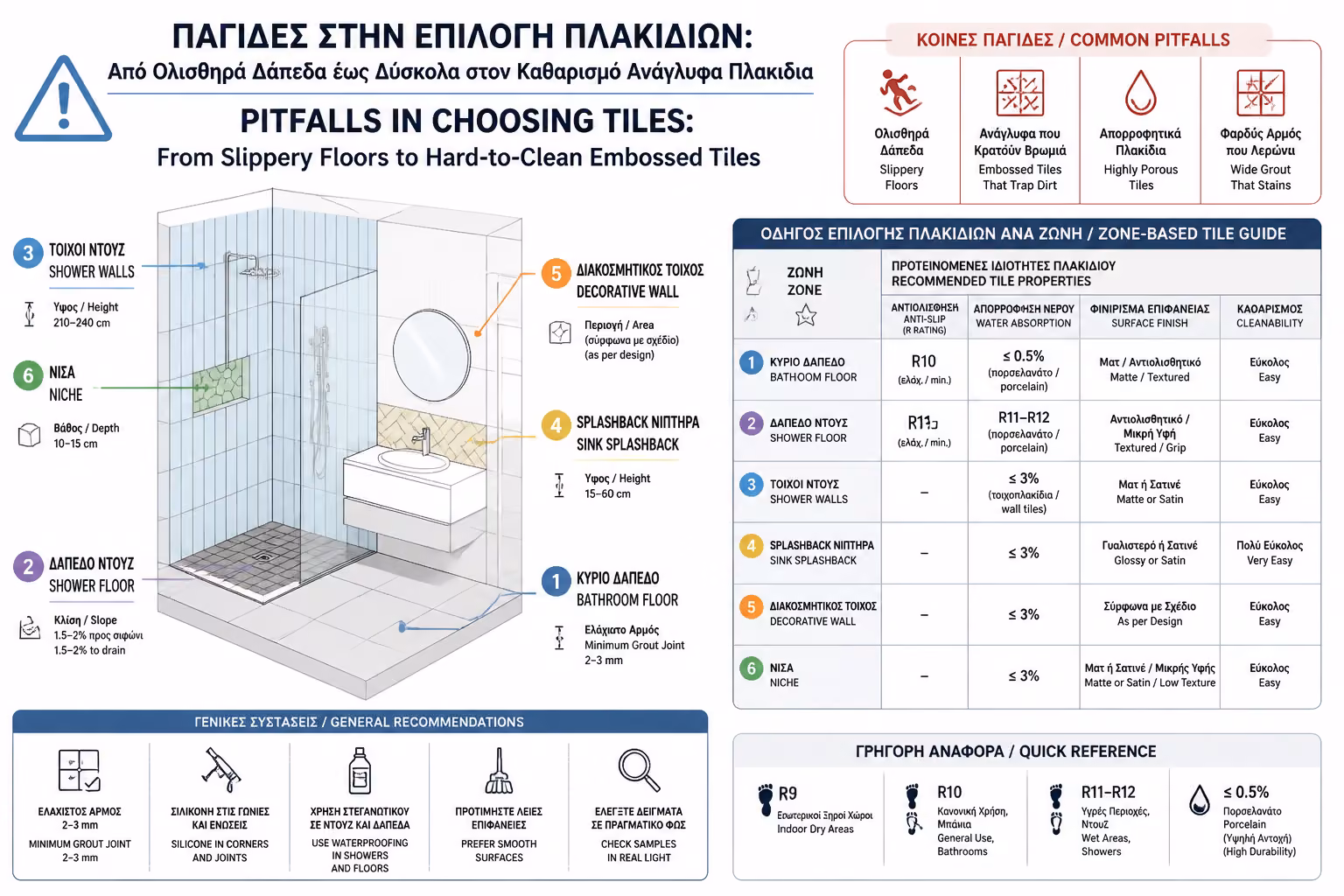 Εικονογράφηση για επιλογή πλακιδίων ανά ζώνη χρήσης στο μπάνιο
