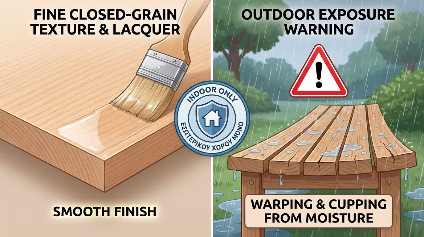 Ινφογκράφικ: Οξιά = κλειστόπορο ξύλο. Τέλεια για λάκα/ριπολίνη χωρίς filler. Αδυναμία: ευαίσθητη σε υγρασία - ΜΟΝΟ εσωτερική χρήση (ελληνικά και αγγλικά)