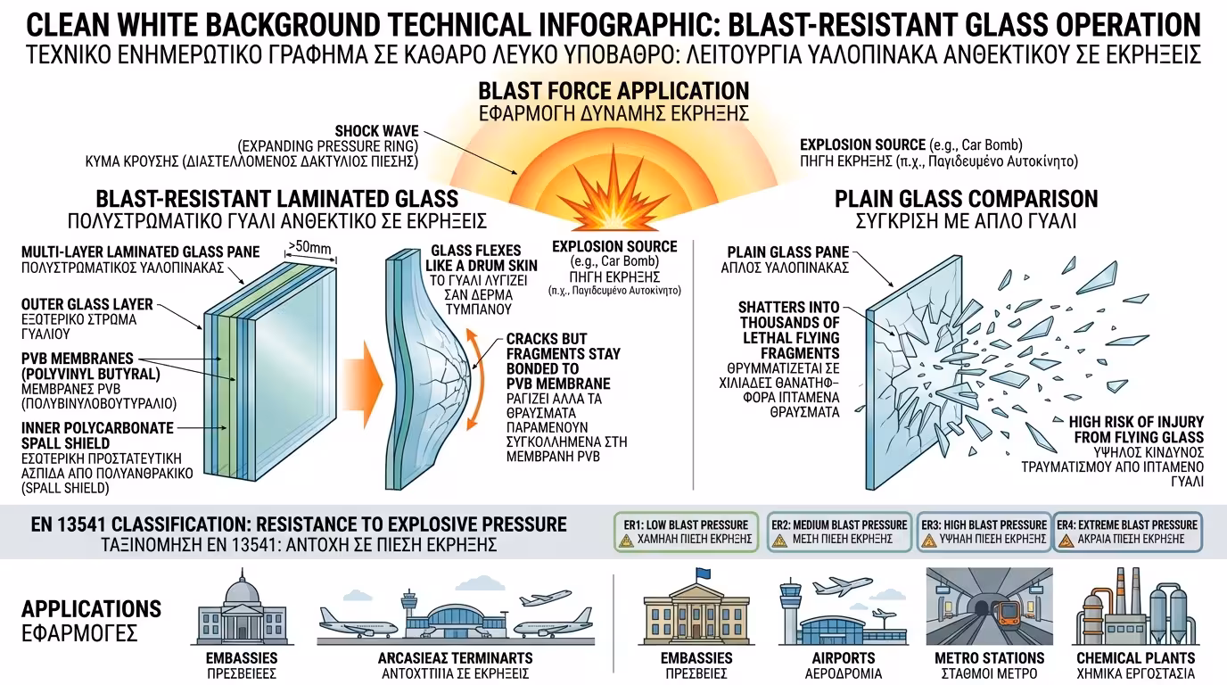Αντιεκρηκτικό τζάμι - προστασία από ωστικό κύμα