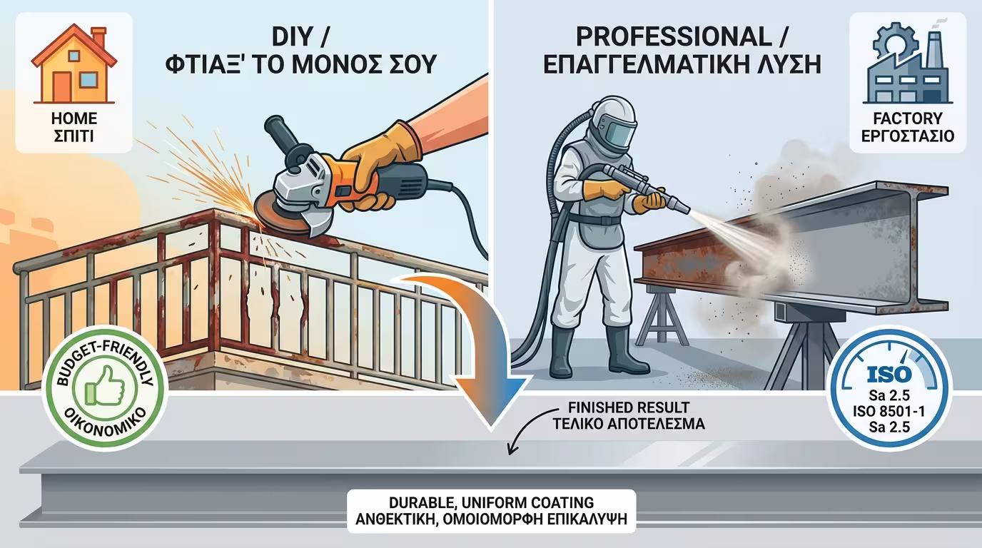 Ινφογκράφικ: DIY (τροχός, κάγκελα μπαλκονιού) vs Επαγγελματίας (αμμοβολή, C4/C5, Sa 2.5).