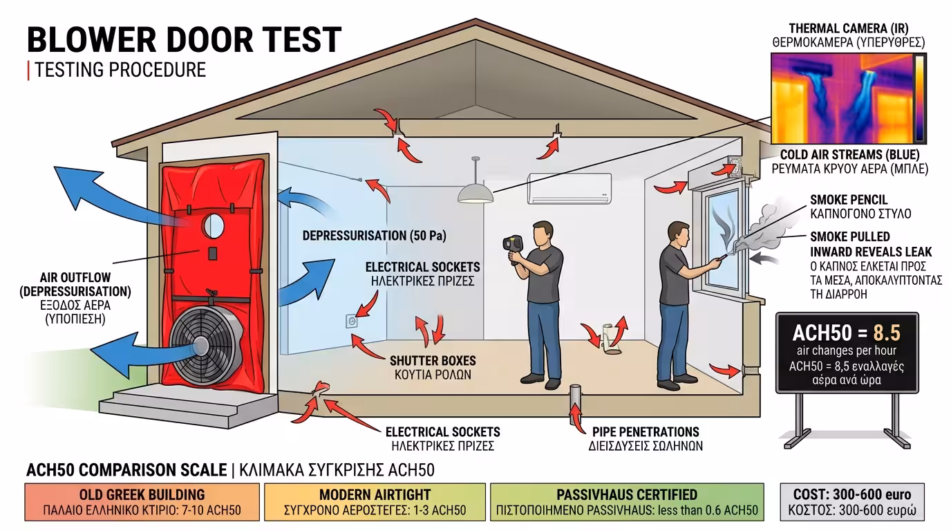 Blower Door Test - ανεμιστήρας, πόρτα, υποπίεση, θερμική κάμερα