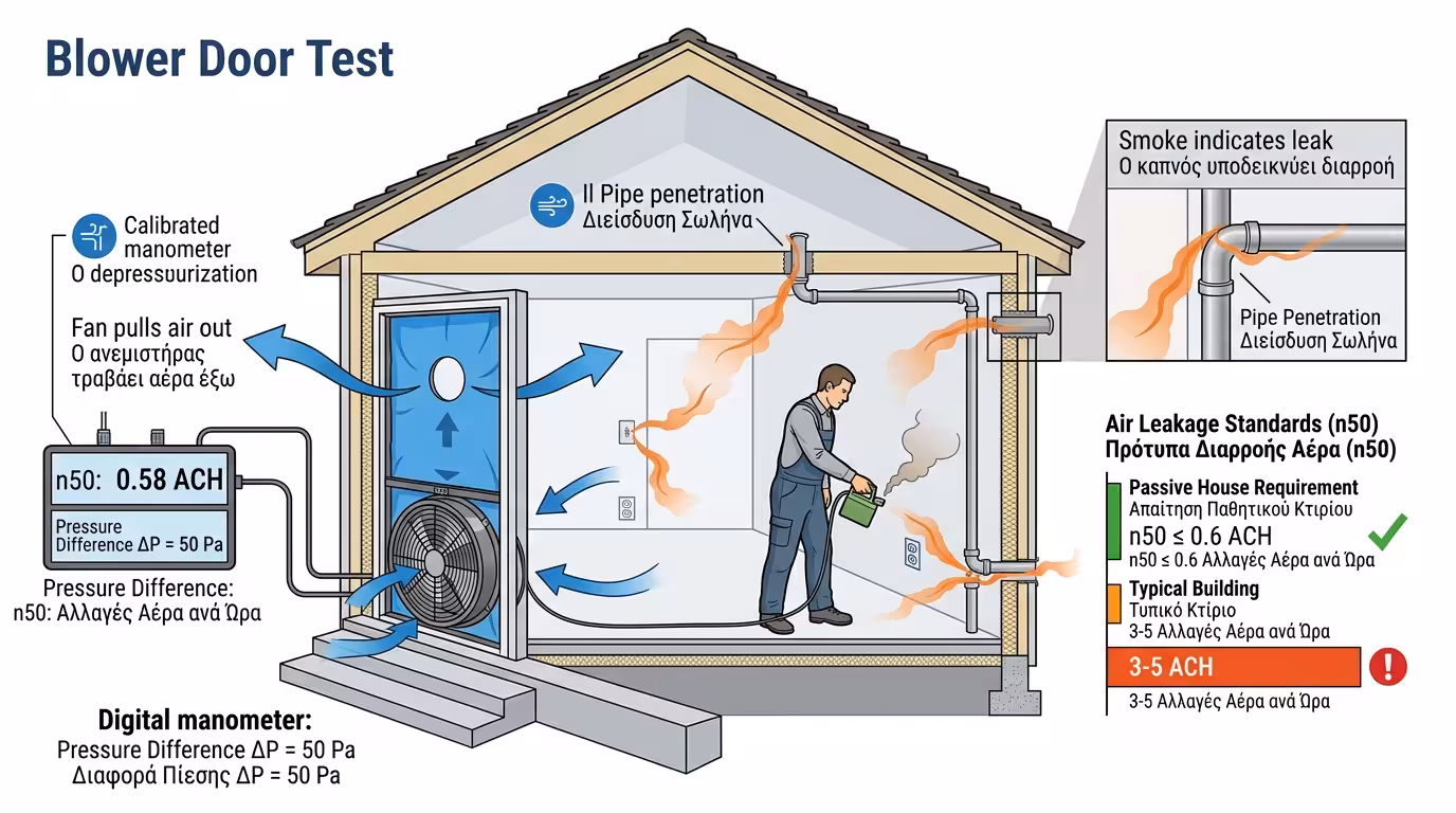 Blower Door Test - ανεμιστήρας πίεσης αέρα τοποθετημένος σε εξωτερική πόρτα, μέτρηση n50