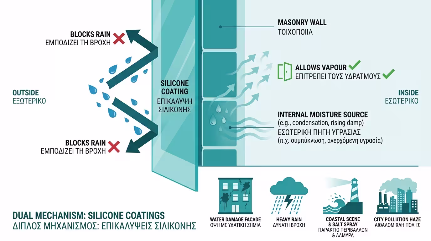 Σύγκριση: σιλικονούχο επίχρισμα αποτρέπει νερό / επιτρέπει υδρατμούς vs ακρυλικό