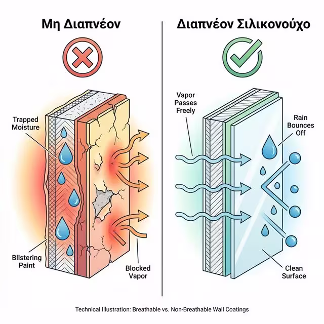 Σύγκριση τοίχου με διαπνέουσα βαφή έναντι μη διαπνέουσας , εγκλωβισμός υγρασίας και φούσκωμα
