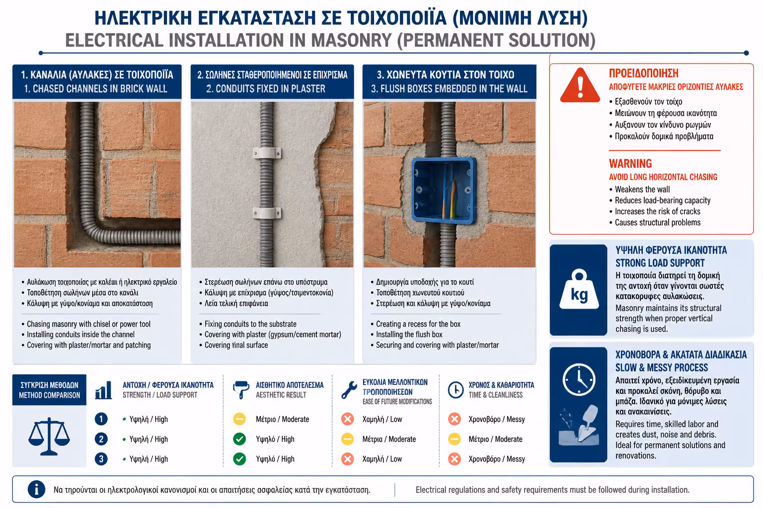 Σκάψιμο τοιχοποιίας από τούβλο για ηλεκτρολογικές σωληνώσεις