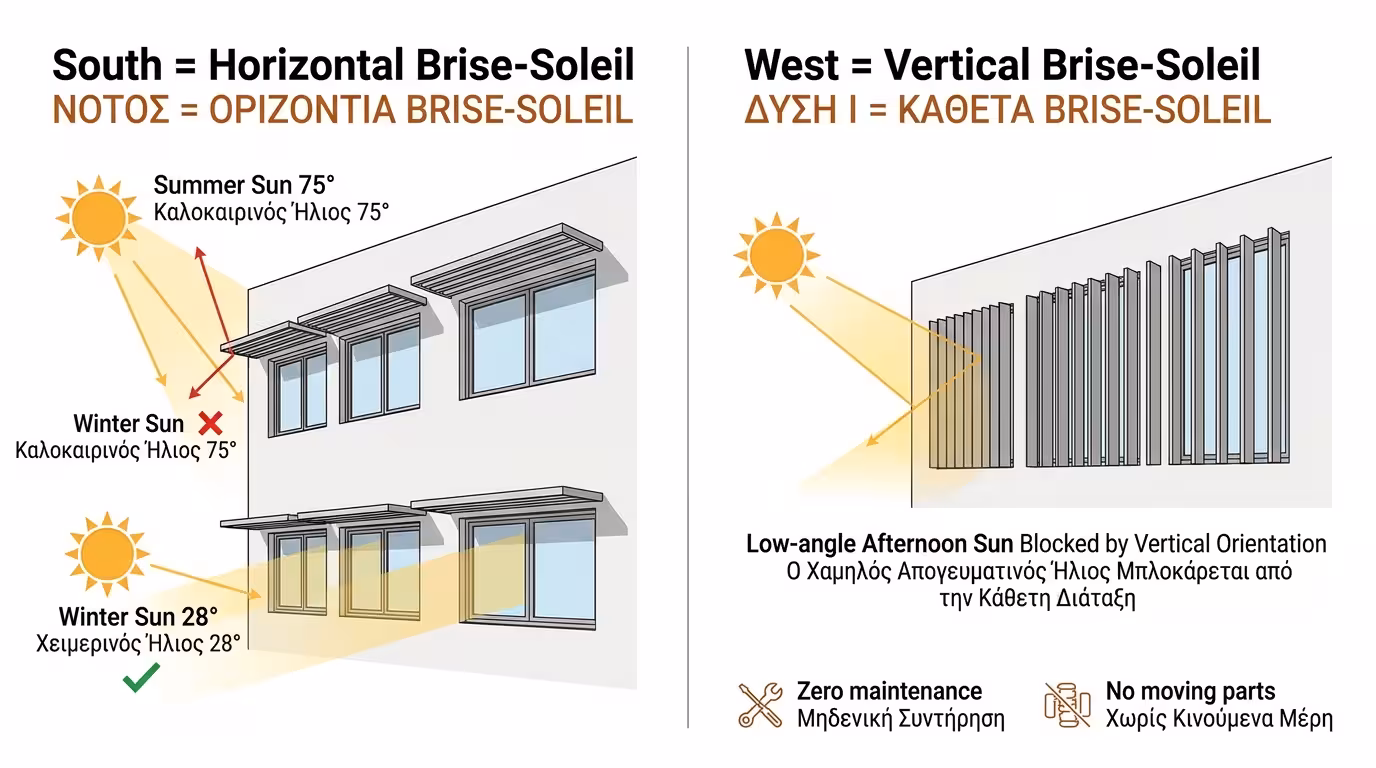 Brise-Soleil αρχιτεκτονικά πτερύγια - οριζόντια για νότο, κάθετα για δύση, μόνιμη σκίαση πρόσοψης