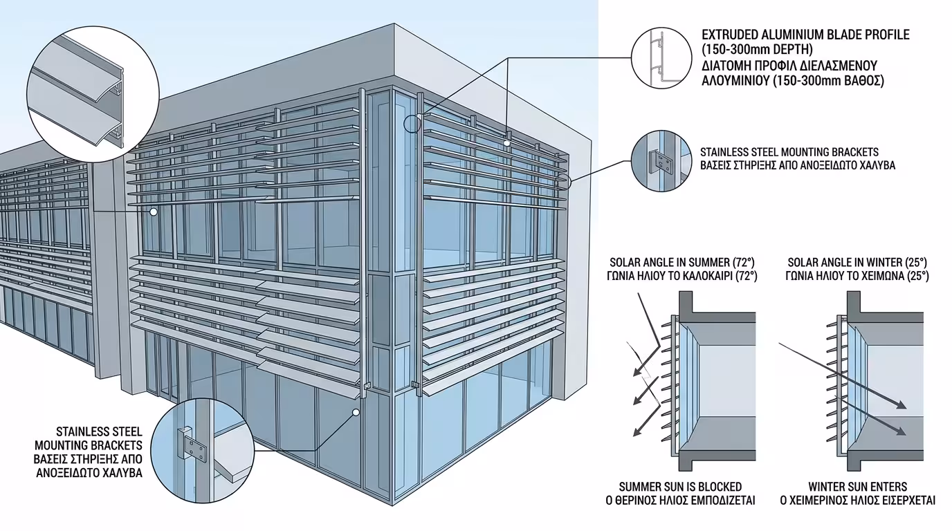 Σύγχρονη πρόσοψη κτιρίου με αρχιτεκτονικές περσίδες αλουμινίου wood-effect