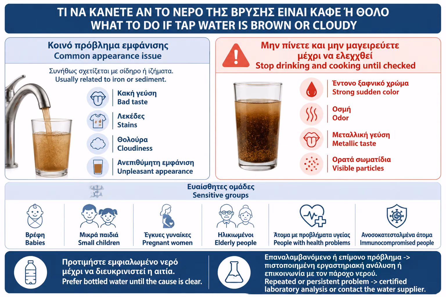 Καφέ νερό που τρέχει από βρύση μπάνιου, ως εικονογράφηση για τον έλεγχο της ασφάλειας χρήσης
