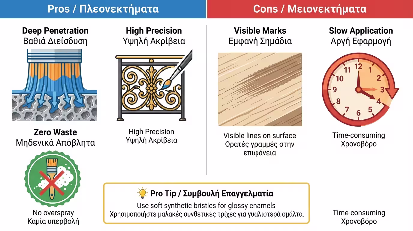 Ινφογκράφικ: Πινέλο - πλεονεκτήματα (διείσδυση, ακρίβεια, μηδενική σπατάλη) vs μειονεκτήματα (brush marks, αργό).