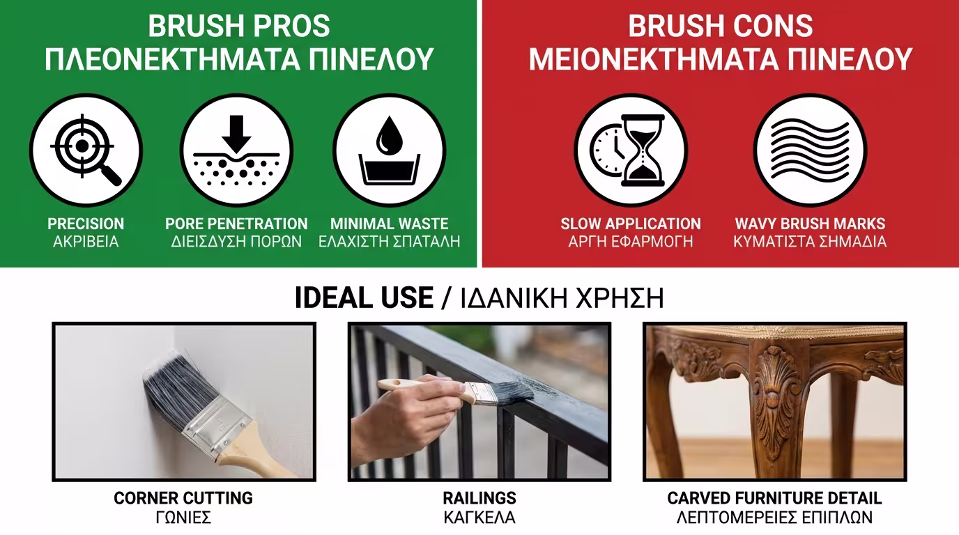 Ινφογκράφικ πινέλου: ✓ ακρίβεια, ✓ εισχώρηση πόρων, ✓ ελάχιστη σπατάλη - ✗ χρονοβόρο, ✗ brush marks. Ιδανικό: γωνίες, κάγκελα, σκαλιστά έπιπλα (ελληνικά και αγγλικά)