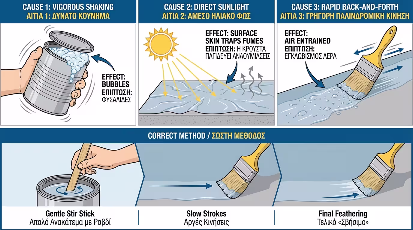 Ινφογκράφικ: αιτίες φουσκαλών - ανακίνηση δοχείου, ήλιος/θερμότητα, over-brushing. Λύση: απαλή ανάμειξη, αργές κινήσεις, feathering (ελληνικά και αγγλικά)