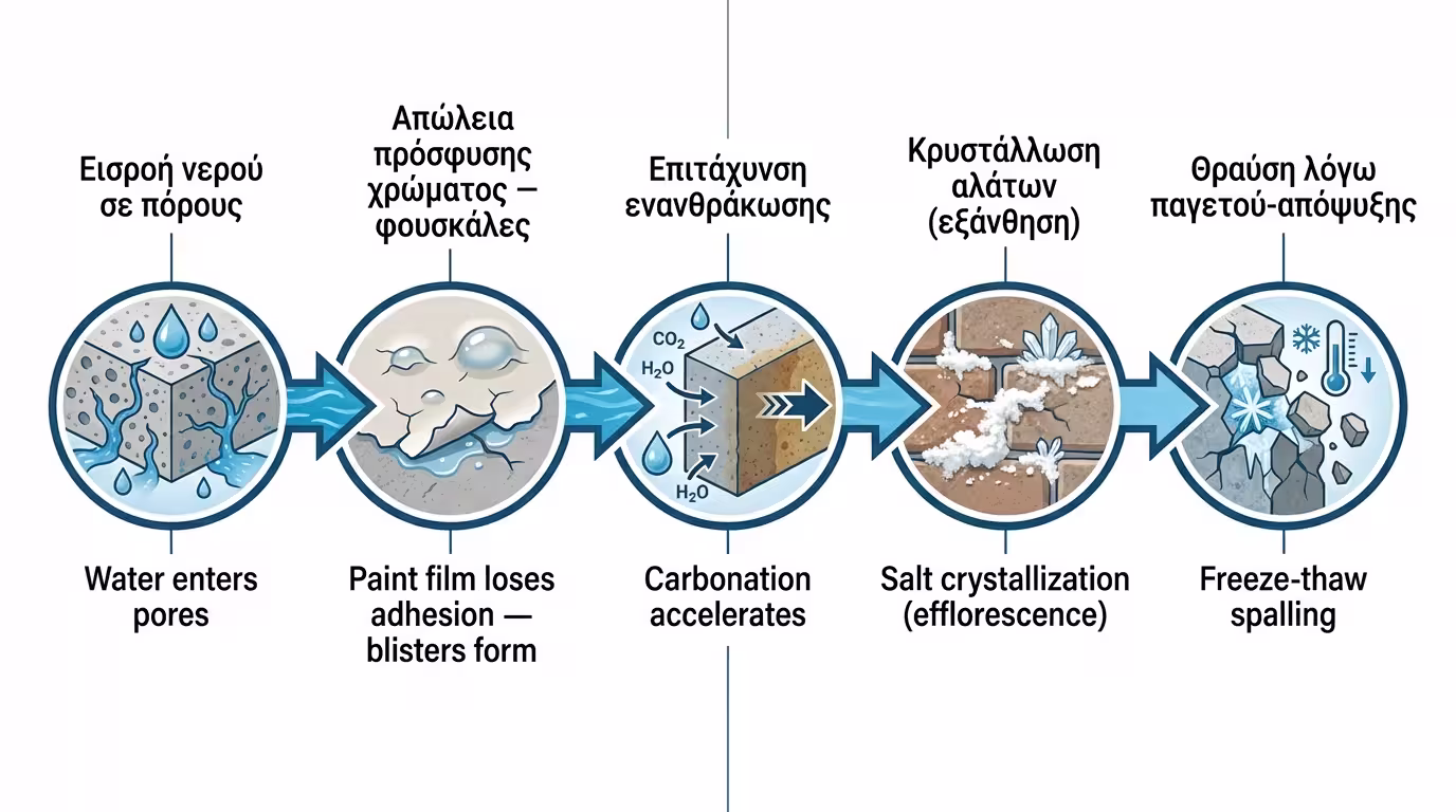 Αλυσίδα βλαβών: νερό στους πόρους → αποκόλληση βαφής → ενανθράκωση → αλατώσεις → παγετός/θραύση