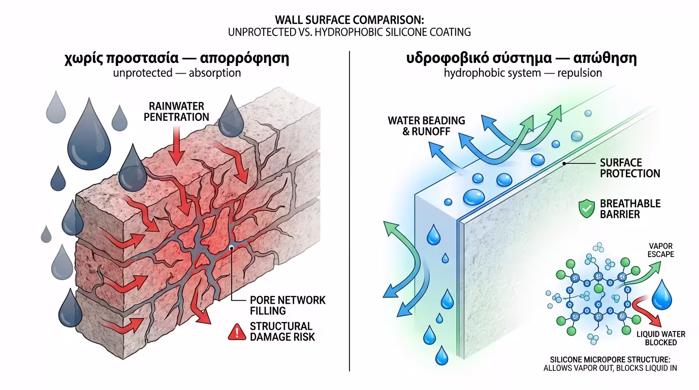 Σύγκριση: πορώδης επιφάνεια (απορρόφηση) vs υδροφοβικό σιλικονούχο σύστημα (απώθηση)