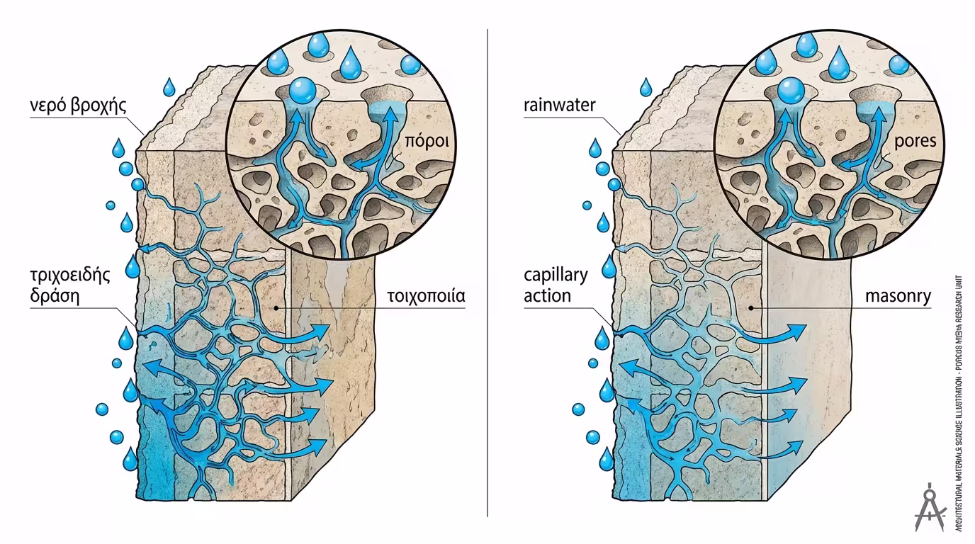 Τομή πορώδους τοίχου: τριχοειδής δράση - νερό βροχής εισχωρεί στους πόρους