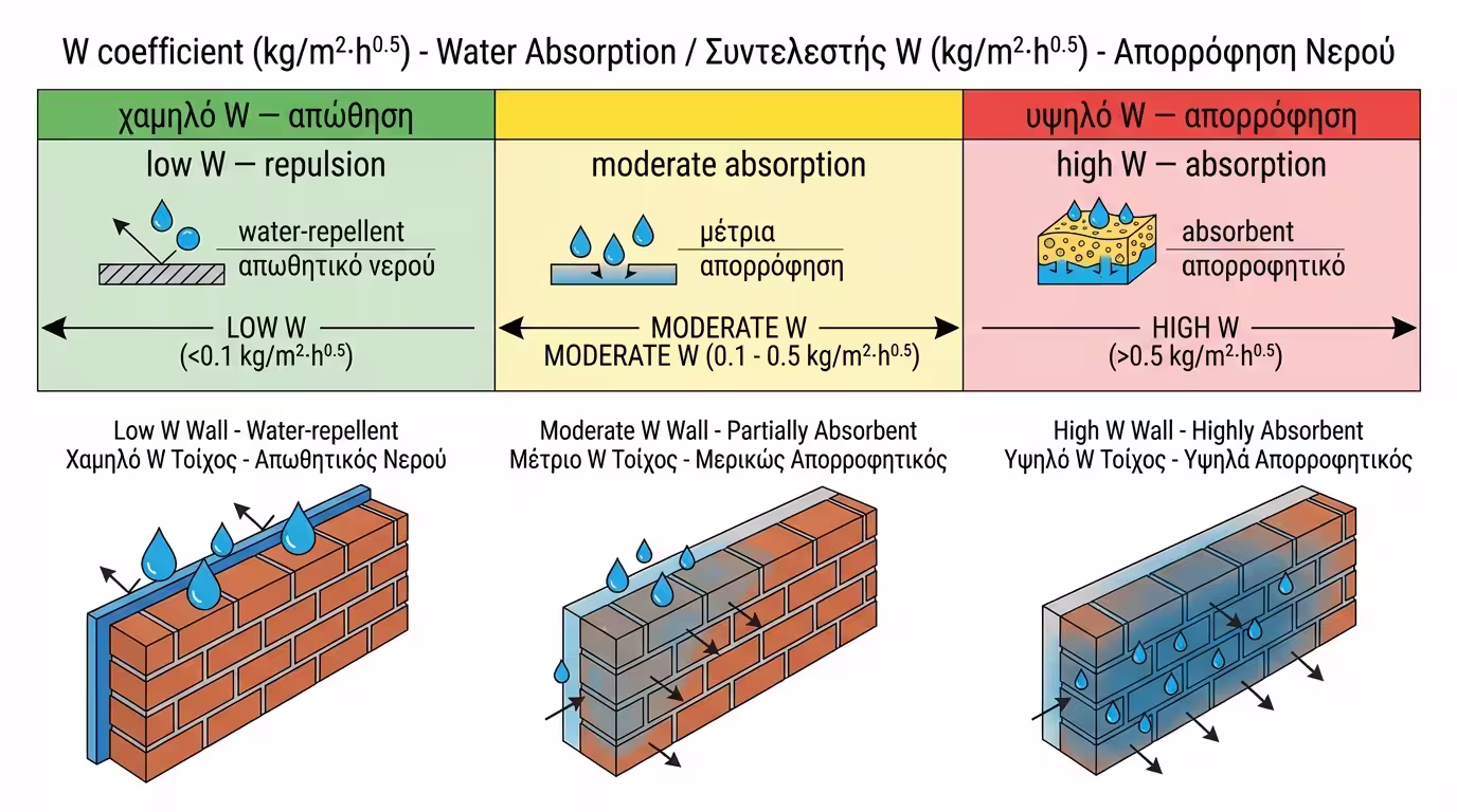 Κλίμακα συντελεστή W: από χαμηλό (υδατοαπωθητικό) έως υψηλό (απορροφητικό)