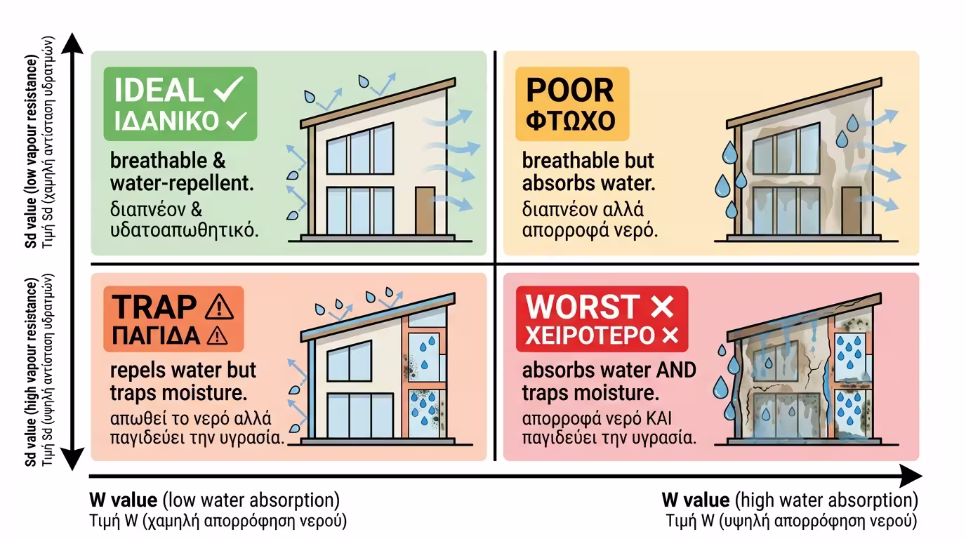 Μήτρα W/Sd: 4 τεταρτημόρια - ιδανική ισορροπία, παγίδα υγρασίας, απορρόφηση, χείριστη κατάσταση