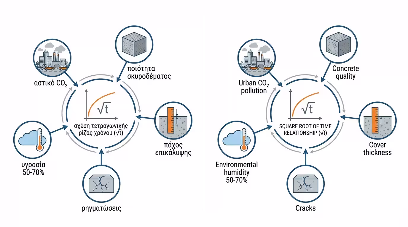 5 παράγοντες ταχύτητας ενανθράκωσης: ποιότητα σκυροδέματος, πάχος επικάλυψης, ρηγματώσεις, υγρασία 50-70%, αστικό CO₂