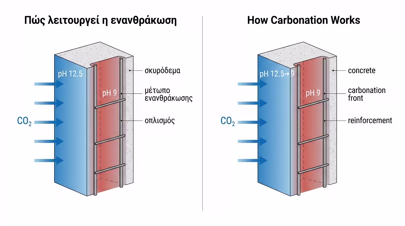 Τομή οπλισμένου σκυροδέματος με μέτωπο ενανθράκωσης που προχωρά προς τον οπλισμό , pH κλίμακα από 12.5 σε 9