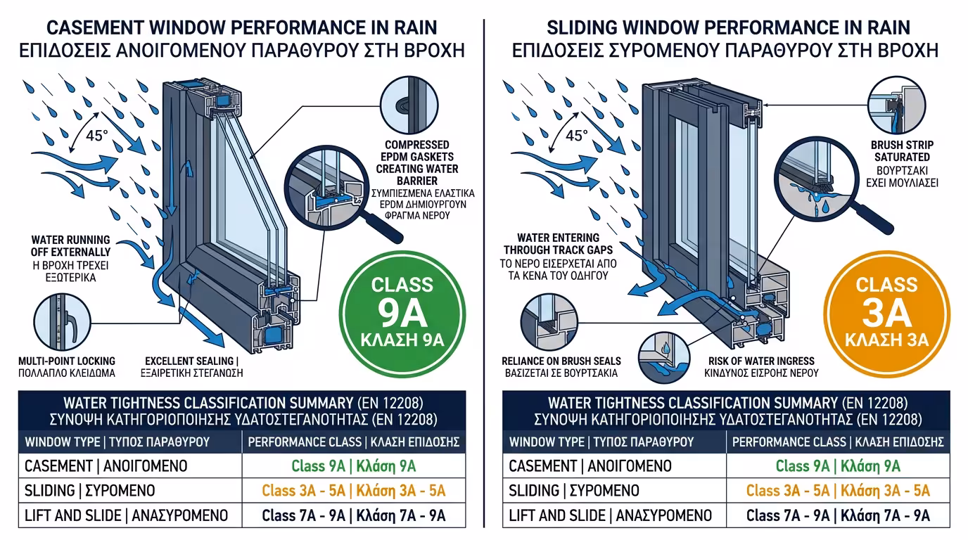 Σύγκριση ανοιγόμενων και συρόμενων κουφωμάτων στη βροχή