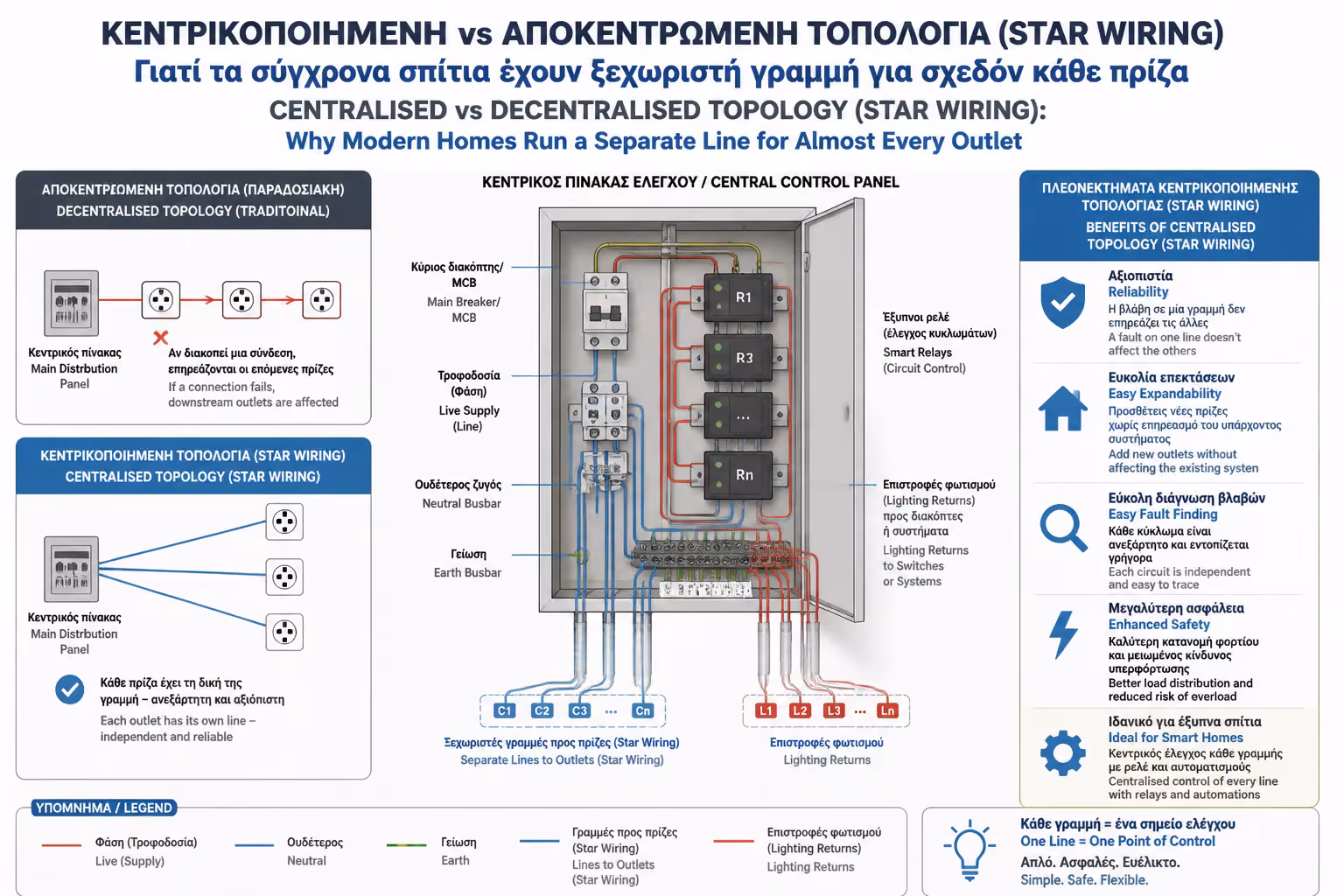 Κεντρικός πίνακας με πολλαπλά smart relays και επιστροφές φωτισμού