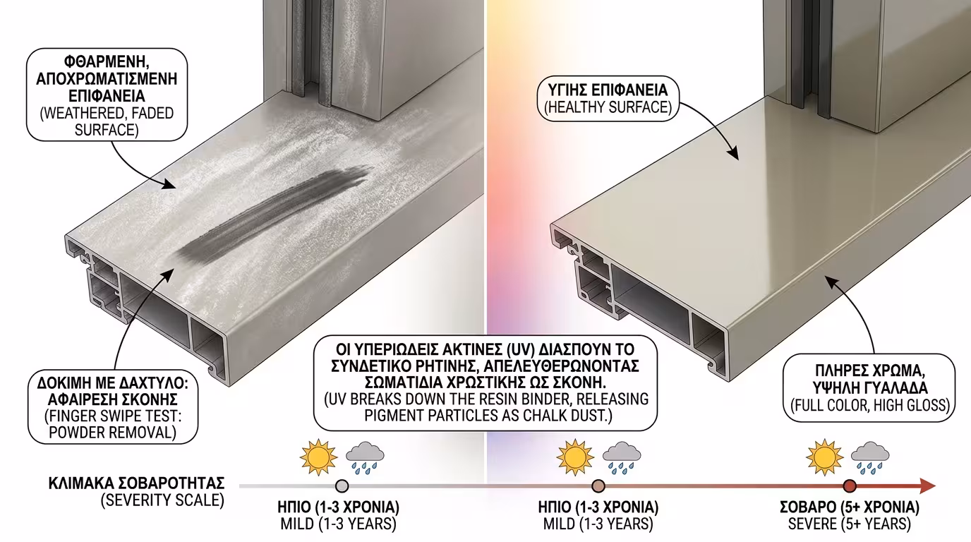 Λευκή κιμωλιώδης σκόνη chalking πάνω σε δάχτυλο μετά από αφή αλουμινίου