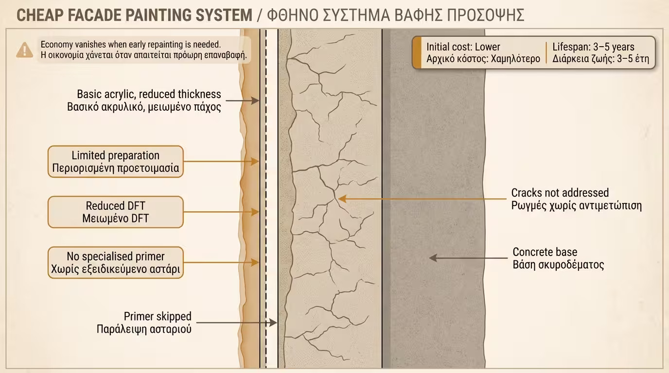 Τομή φθηνού συστήματος: βασικό ακρυλικό, λεπτή εφαρμογή, χωρίς αστάρι