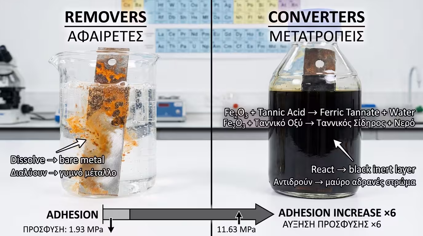 Χημική δράση μετατροπέων σκουριάς: Ταννικό και Φωσφορικό οξύ.