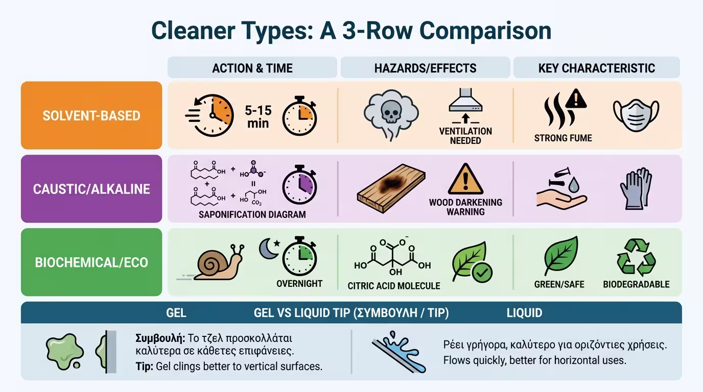 Ινφογκράφικ: Τζελ (κάθετες επιφάνειες, δεν τρέχει), Υγρό (βιομηχανική βύθιση ζαντών), παχύ στρώμα μονοκατεύθυνσης (ελληνικά και αγγλικά)