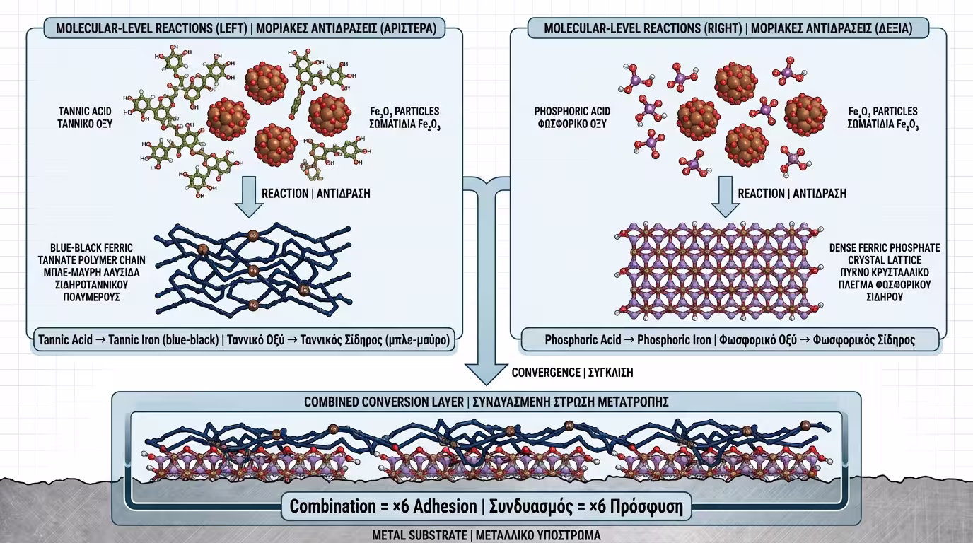 Χημική δράση: Μετατροπή Fe₂O₃ σε Ταννικό και Φωσφορικό Σίδηρο.
