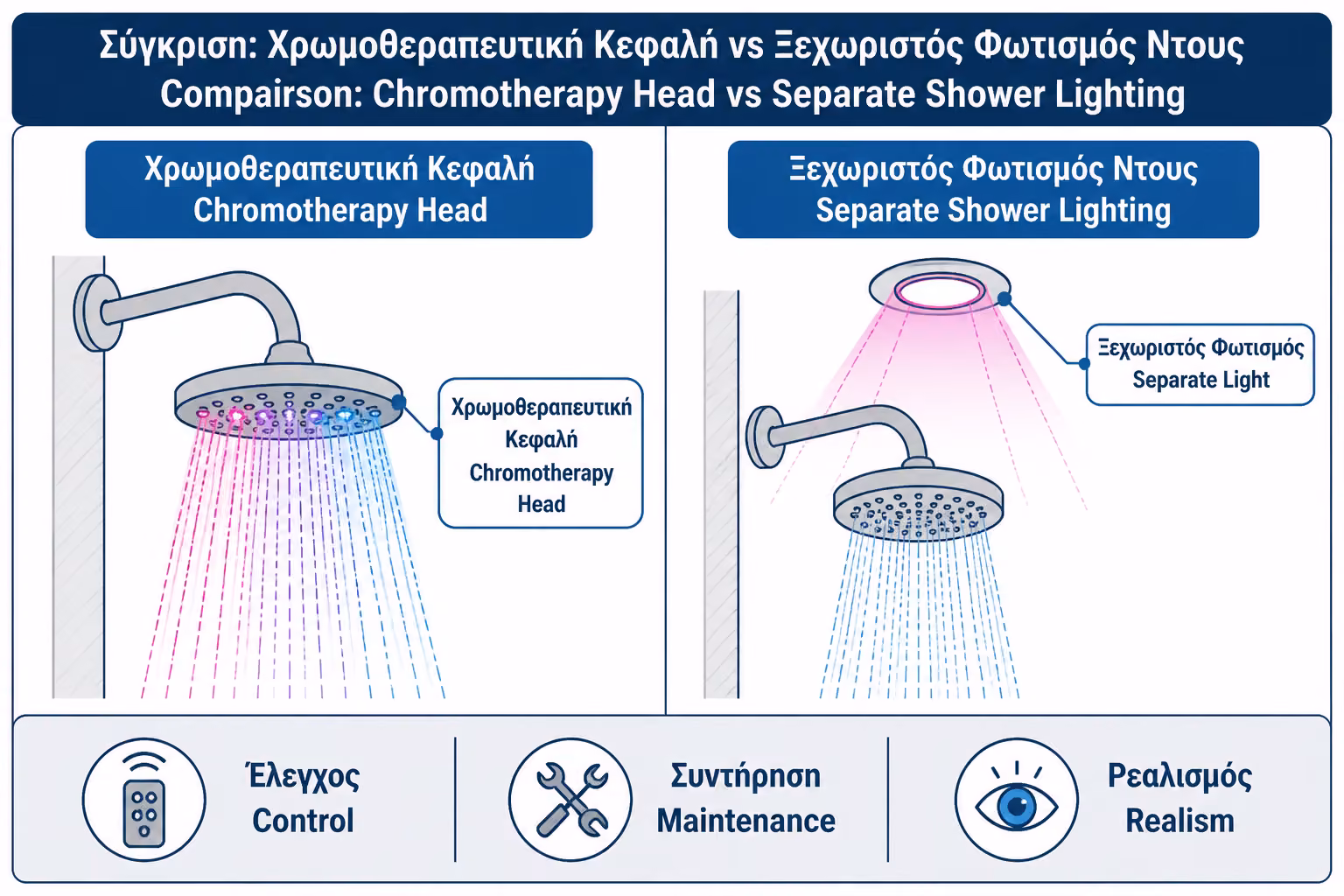 Εικονογράφηση για 8. Ενσωματωμένη κεφαλή με chromotherapy ή ξεχωριστός φωτισμός;