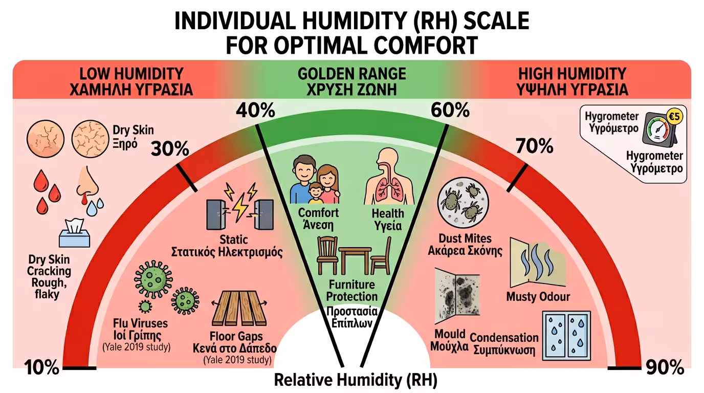 Χρυσό εύρος υγρασίας 40-60% - ακάρεα, μούχλα, ξηρασία δέρματος, ιοί γρίπης