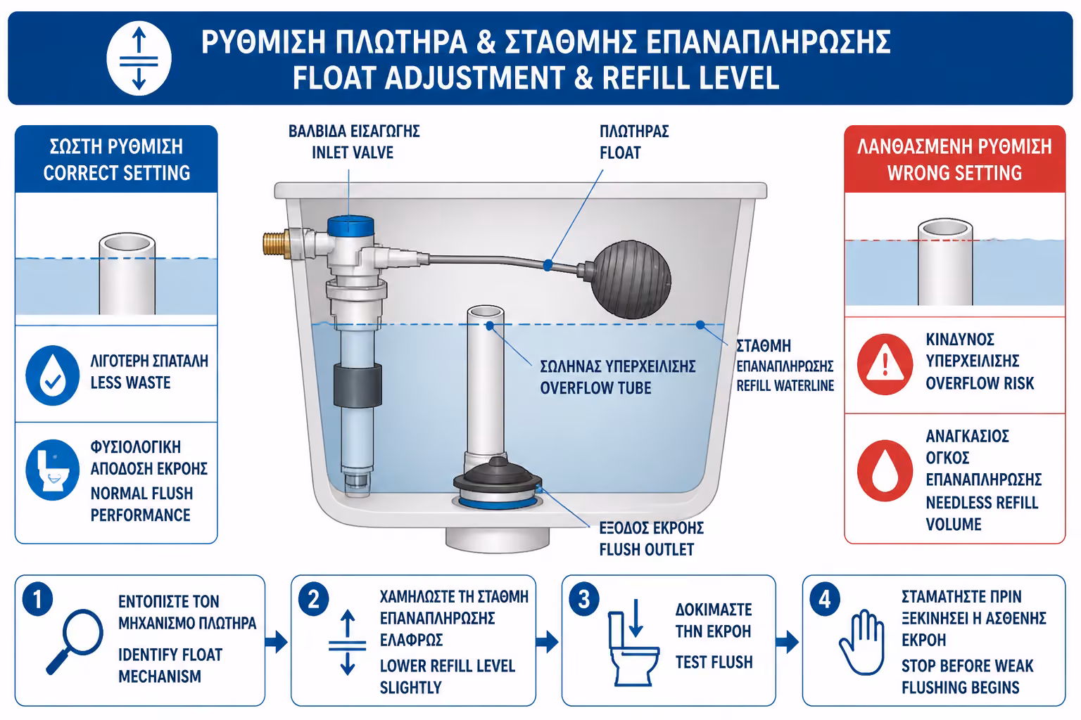 Εικονογράφηση για 5. Πώς ρυθμίζεται ο πλωτήρας για μικρότερη σπατάλη