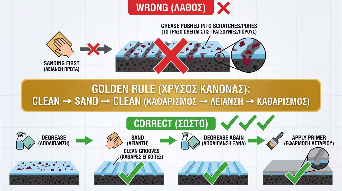 Ινφογκράφικ: Πρώτα καθαρίζουμε → μετά τρίβουμε → τέλος ξανά καθαρίζουμε πριν το αστάρι.