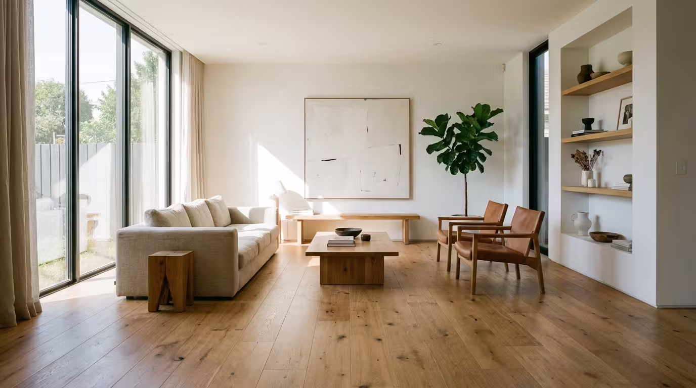 Ξύλινο δάπεδο δρυός με διάφανο βερνίκι - φυσικά νερά ξύλου αναδεικνύονται πλήρως