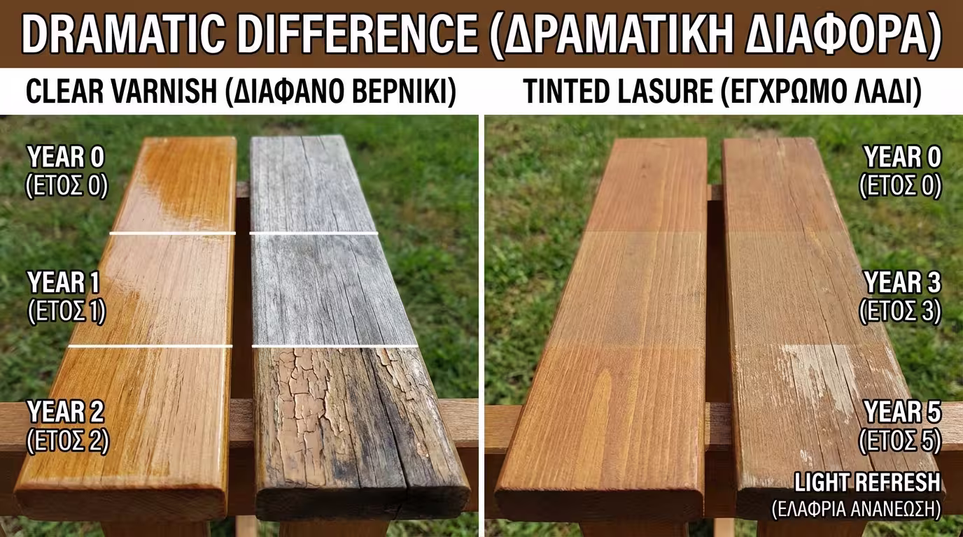 Ινφογκράφικ: διάφανο βερνίκι → UV περνάει → γκριζάρισμα σε 1 χρόνο vs έγχρωμο → pigments μπλοκάρουν → 3-5 χρόνια (ελληνικά και αγγλικά)