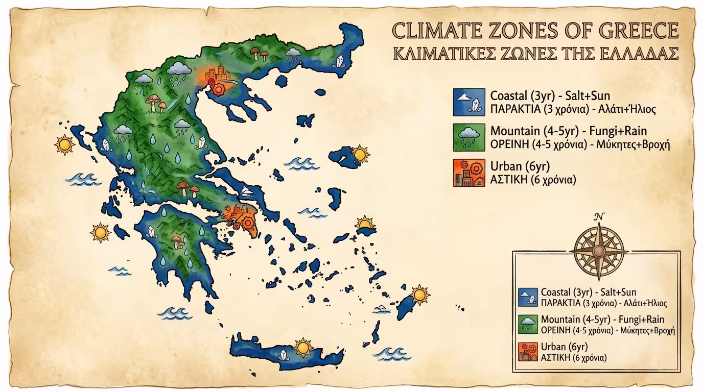 Χάρτης ινφογκράφικ Ελλάδα: παραθαλάσσιο (3 χρ), ορεινό (4-5 χρ), αστικό (6 χρ) ανά περιοχή (ελληνικά και αγγλικά)