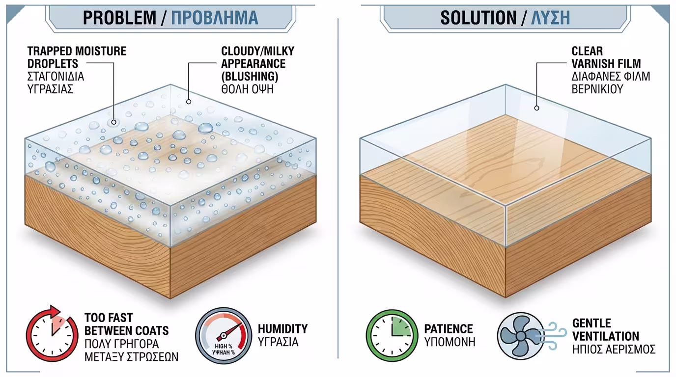 Ινφογκράφικ: εγκλωβισμένη υγρασία κάτω από φιλμ → θόλωμα (blushing). Λύση: σεβαστείτε χρόνους στεγνώματος, ήπιος αερισμός (ελληνικά και αγγλικά)